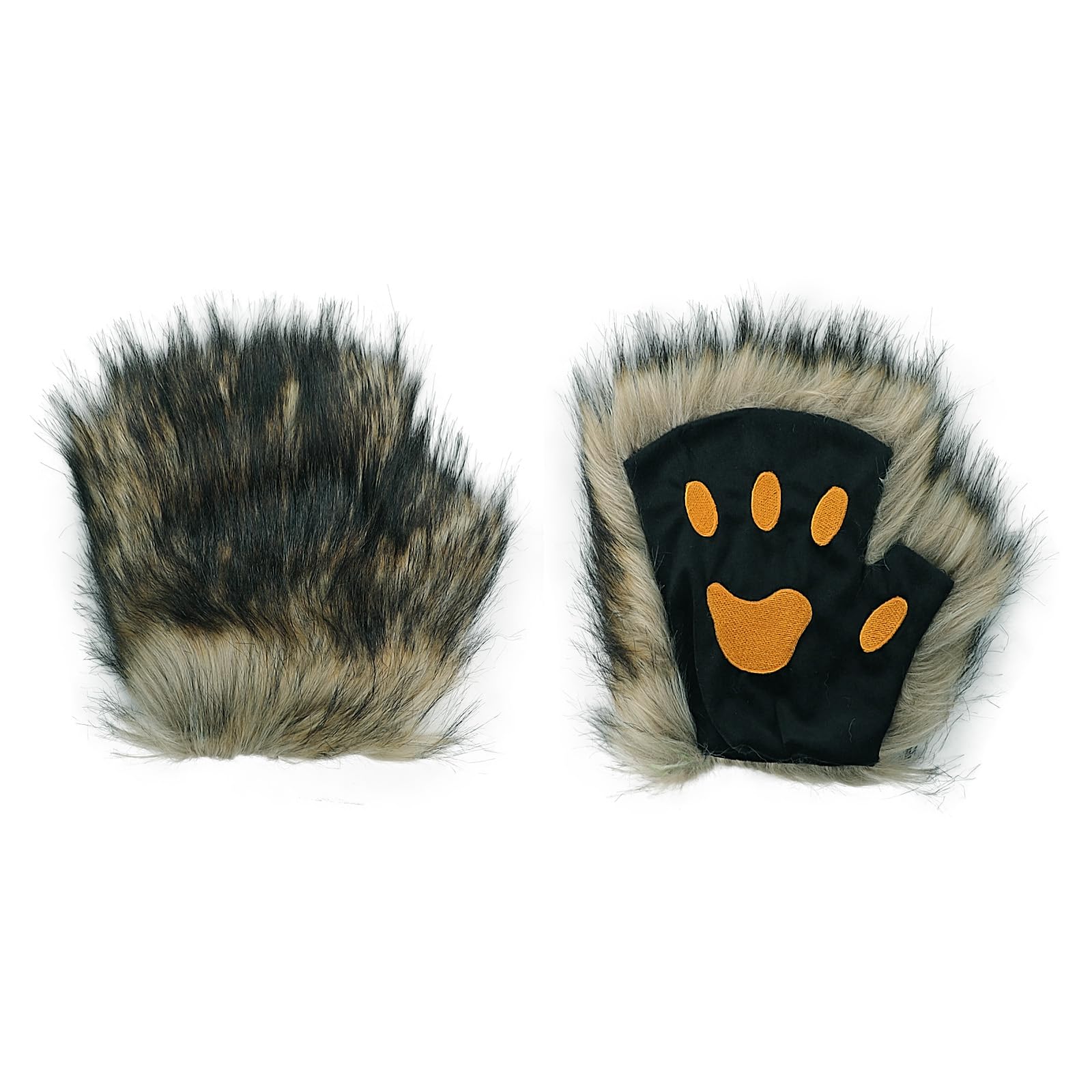 TINAYAUE Wolf Paw Gloves Furry Bear Dog Cat Paws Gloves Faux Fur Fingerless Glove Werewolf Costume Cute Animal Hands Halloween Cosplay Accessories for Adults Kids (Wolf Brown, One Size)