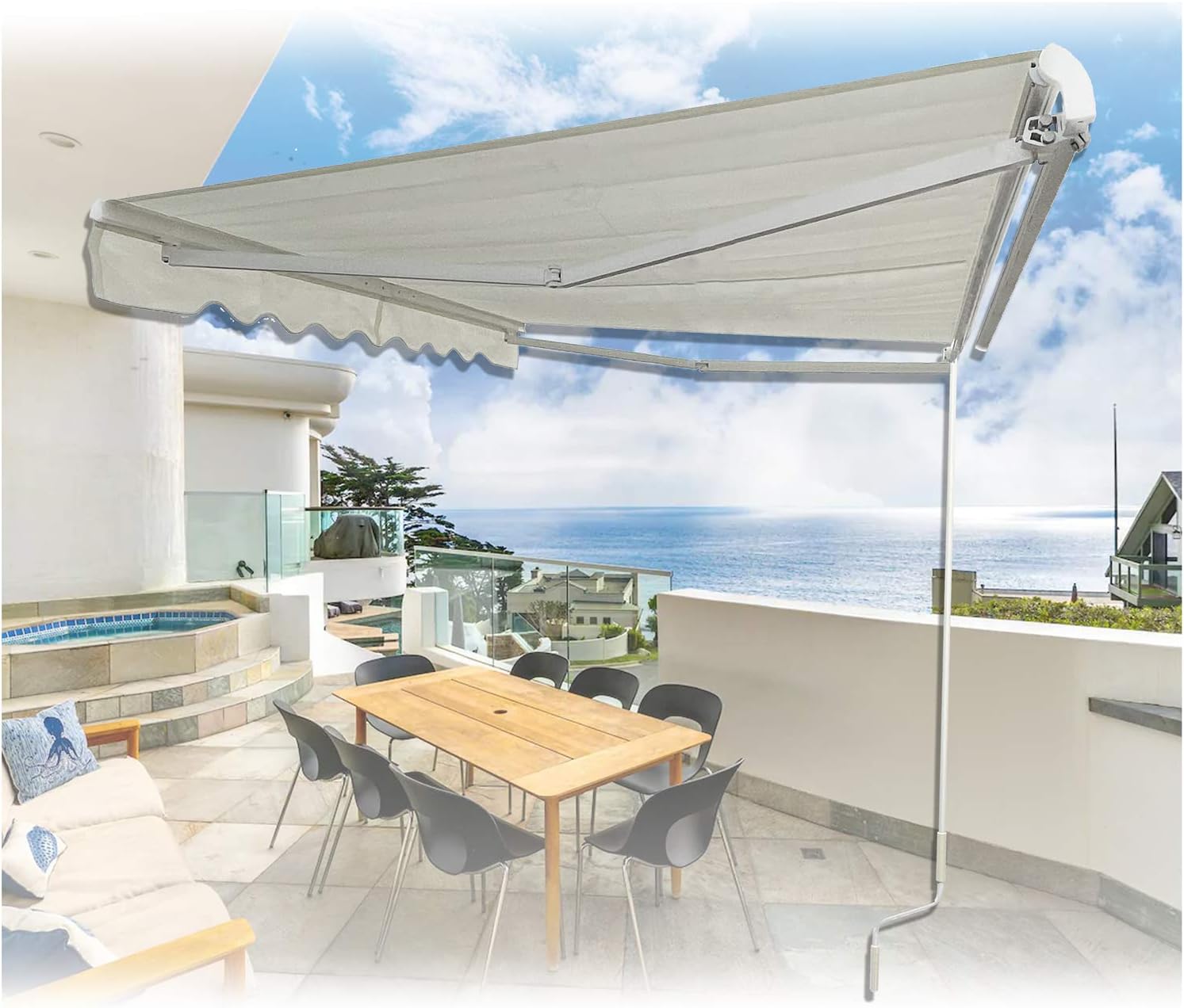HTTMT- 11.5'×8' (Manual) Retractable Awning Aluminum Water-Resistant Polyester Patio Sun Shade With Handle Crank Pole For Outdoor Home Motorhome RV Restaurants Travel Camper [P/N: SF-HT11.5X8-IVORY]