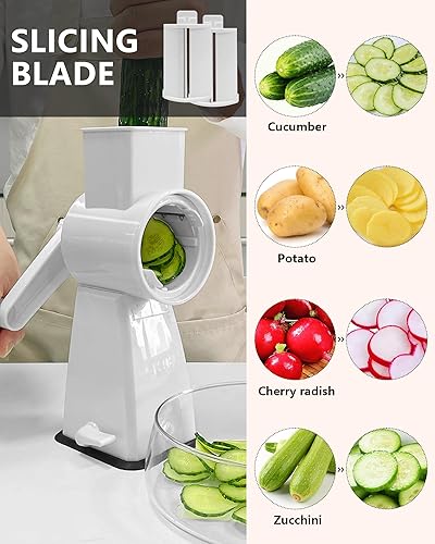 Miniatura 3 de Rallador de queso giratorio 3 en 1 de mano, cuerpo ligero con 3 cuchillas de acero inoxidable y base de succión antideslizante, para triturar