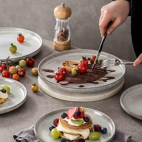 Miniatura 3 de Henten Home Platos de cerámica de 10 pulgadas, juego de 4 platos de carne de porcelana, platos redondos estriados para cocina, pasta, platos de