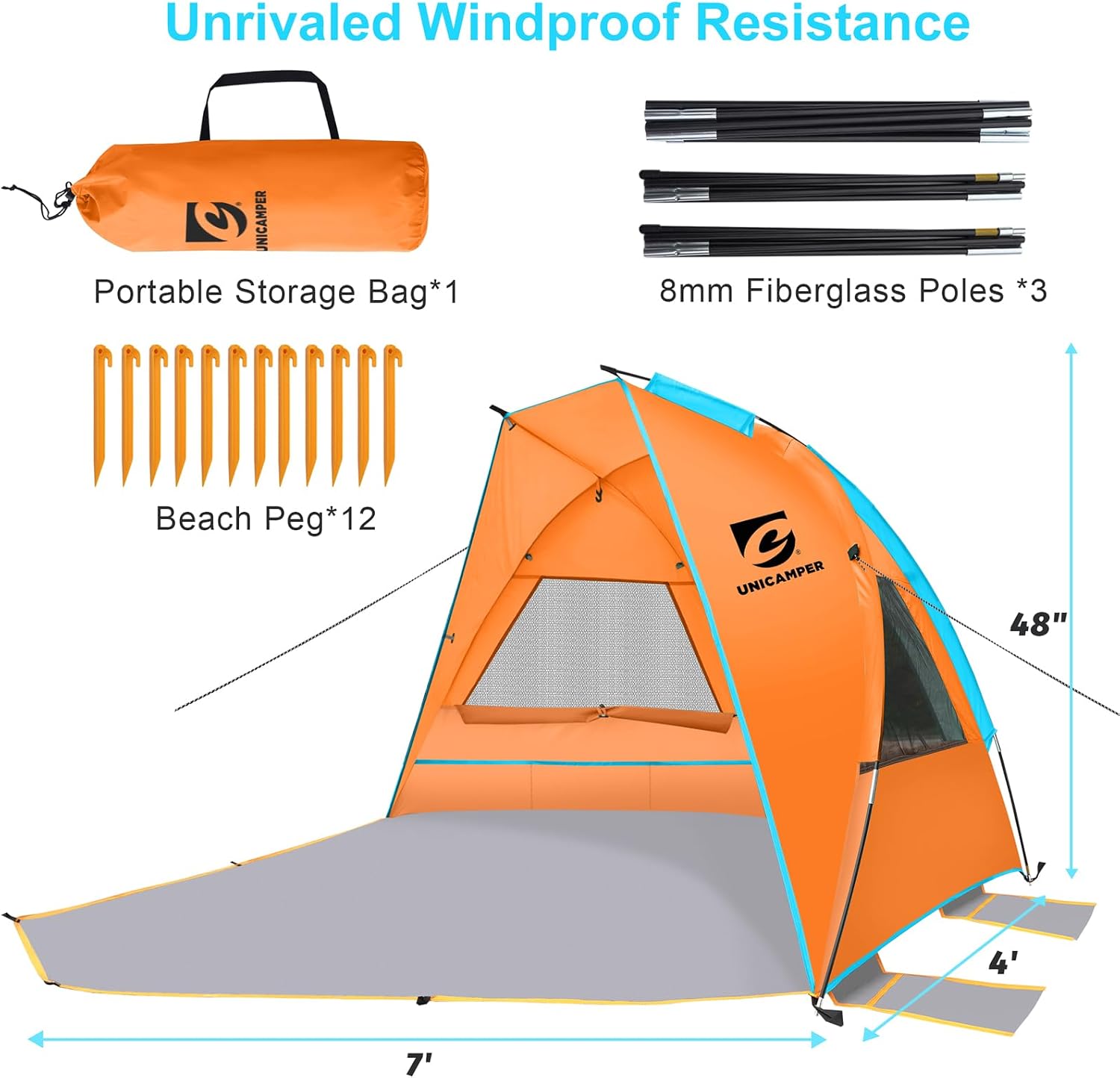 Beach Tent 2-3 Person Sun Shelter UPF 50+ with Extended Waterproof Pe Floor & 3 Mesh Roll Up Windows Fits, Portable Beach Shade Easy Setup for Outdoor Camping, Indoor, Fishing, Yard. (Orange)