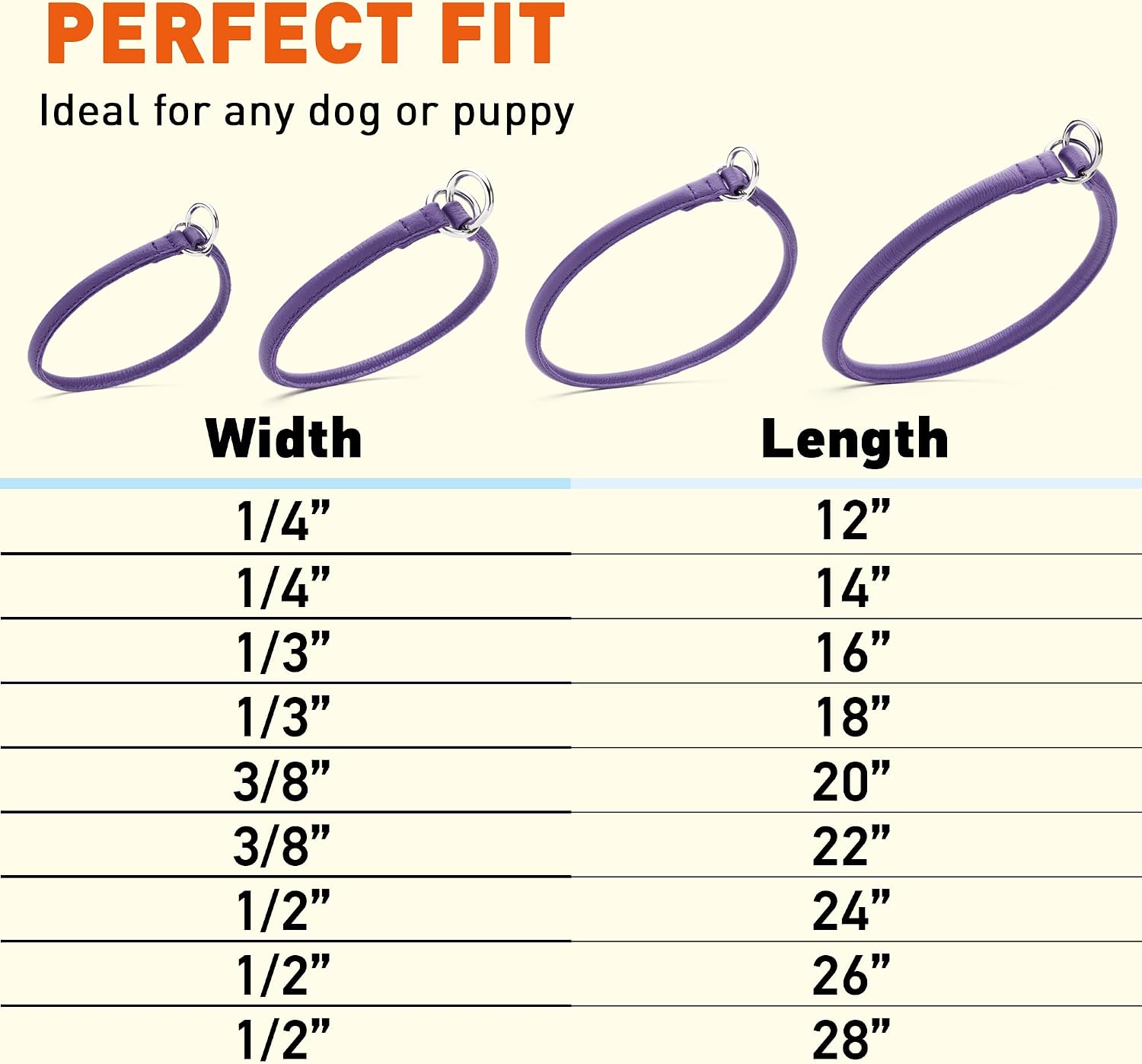 Dogline Soft and Padded Round Leather Choke Collar for Dogs (Purple, W3/8-in x L22-in)