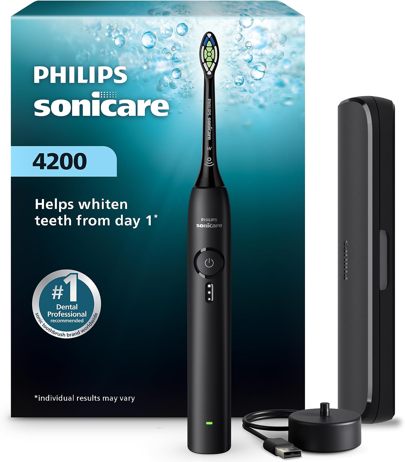 Philips Sonicare 4200 Series Electric Toothbrush - Sonic Toothbrush with Pressure Sensor, 3 Intensity Levels, EasyStart Feature, SmarTimer & QuadPacer, 14-Day Runtime, Black, Model HX4053/62