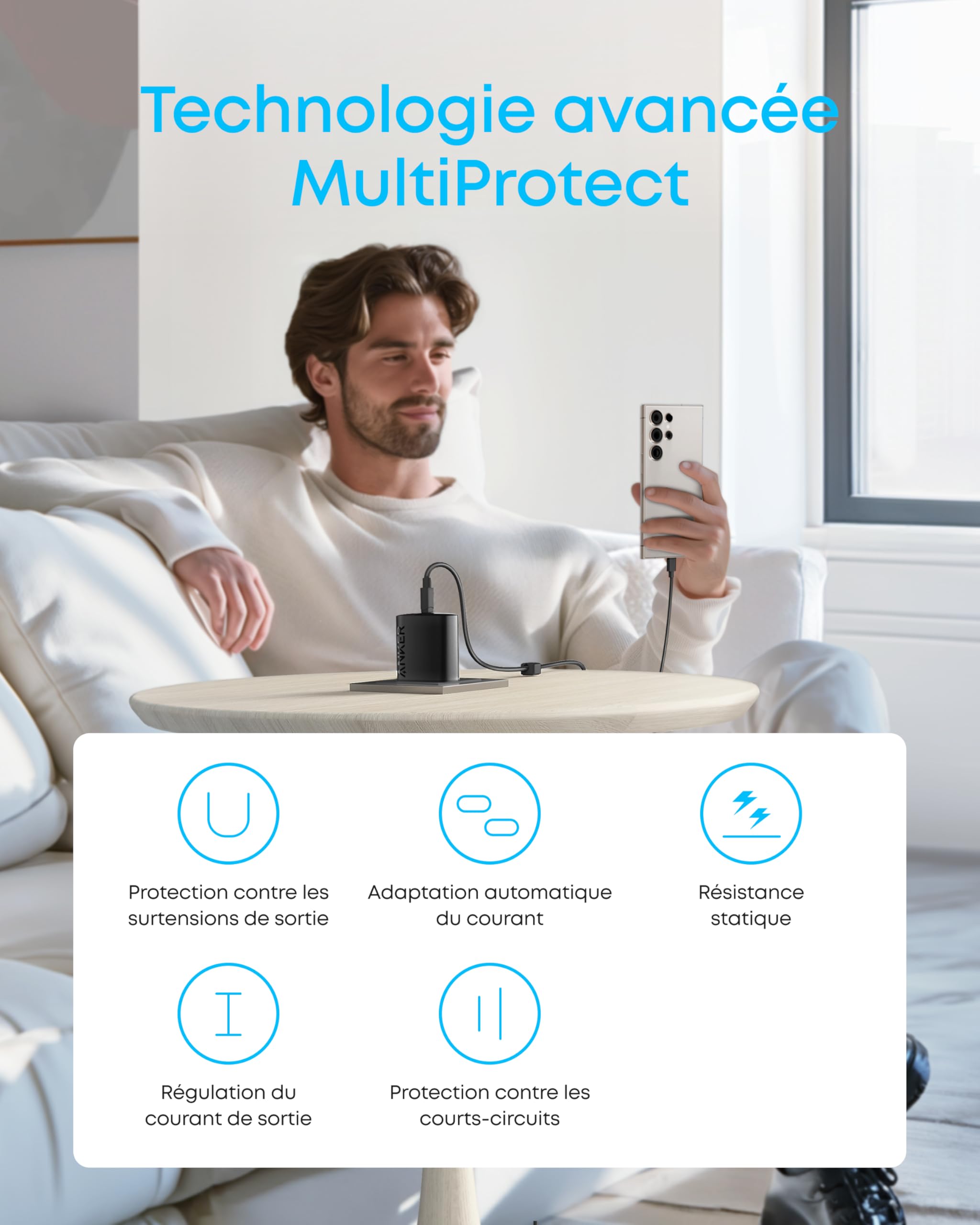 Anker Chargeur USB C Rapide 45 W,Chargeur iPhone Samsung Charge Rapide avec câble USB C,Compatible PPS,pour Samsung Galaxy S24 Ultra/S24/S23+/S23/S22/Note20,iPhone 17/17 Pro,Pixel,et Bien Plus Encore