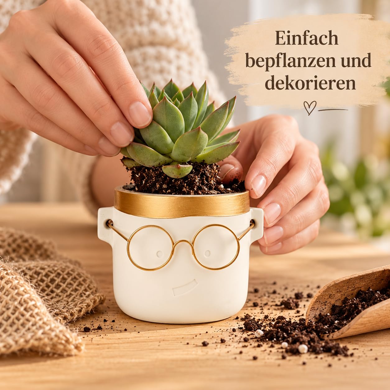 NaDeco Blumentopf Harry mit Gesicht und Brille Gold, Ø 7,5 cm, Höhe 7 cm