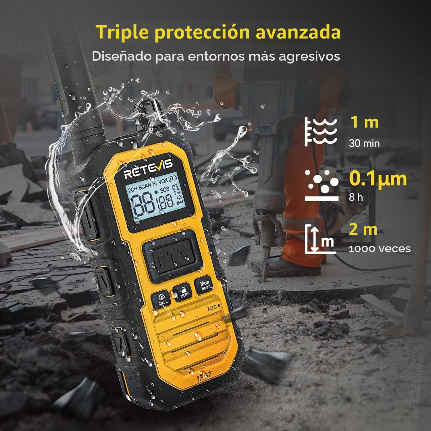 Retevis RB648Plus Radio Bidireccional, Walkie Talkies de Largo Alcance | Impermeable IP67 Walkie Talkie Profesional, 2000 mAh, Dual PTT, Alarma de Emergencia Entornos Hostiles (4 Piezas, Amarillo)