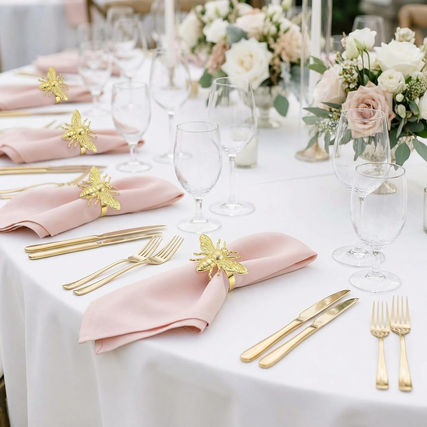 6pcs Gold Bee Napkin Rings Dinner Table Setting Metal Easter Napkin Buckles Bees Napkin Holders Alloy Napkin Ring Baby Shower Birthday Wedding Party Favor