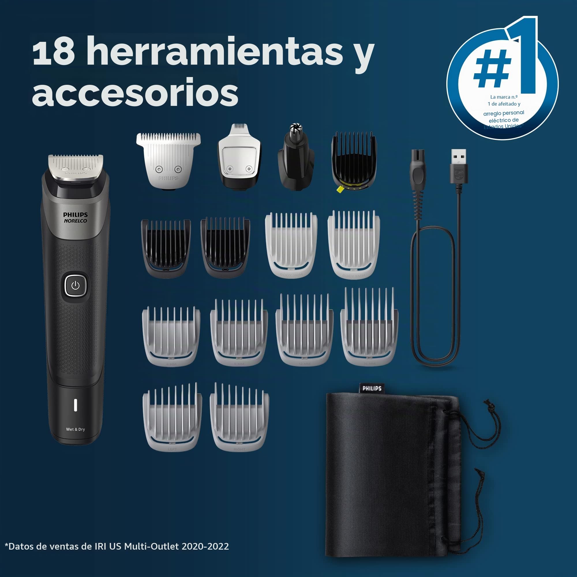 Philips Norelco Multigroom Series 5000 18 piezas, cara de barba, cabello, recortadora de pelo corporal para hombres, sin aceite de hoja MG5910/49