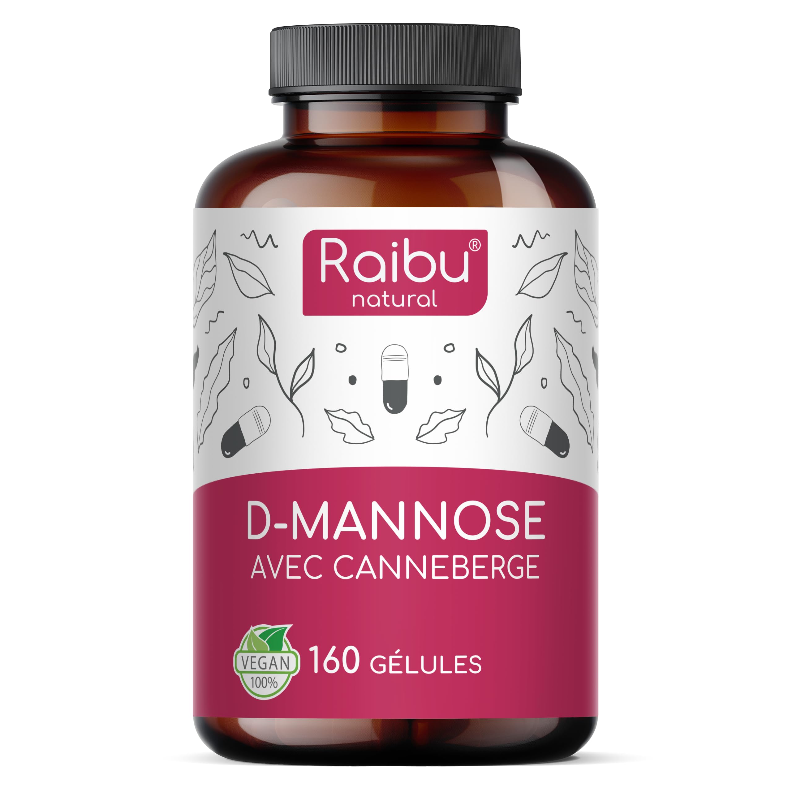 D-Mannose Raibu - Pur 2100 mg par Dose Quotidienne Fortement Dosée - Avec canneberge et vitamine C, 160 gélules - D Mannose Végan, sans additifs & hautement biodisponible - Testé en laboratoire