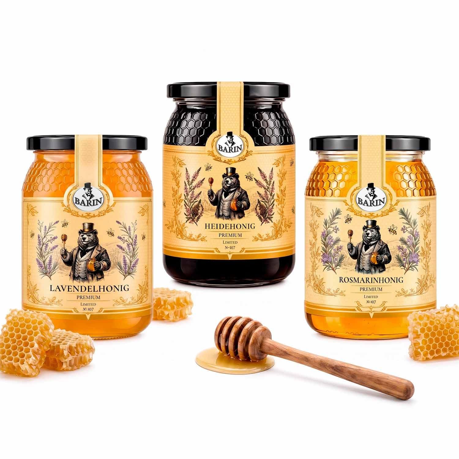 BARIN Honig Probierset 3 Sorten Premium Blütenhonig aus Portugal (3 × 500 g) | Heide-, Lavendel- & Rosmarinhonig | laborgeprüft, naturbelassen, ohne Zuckerzusatz