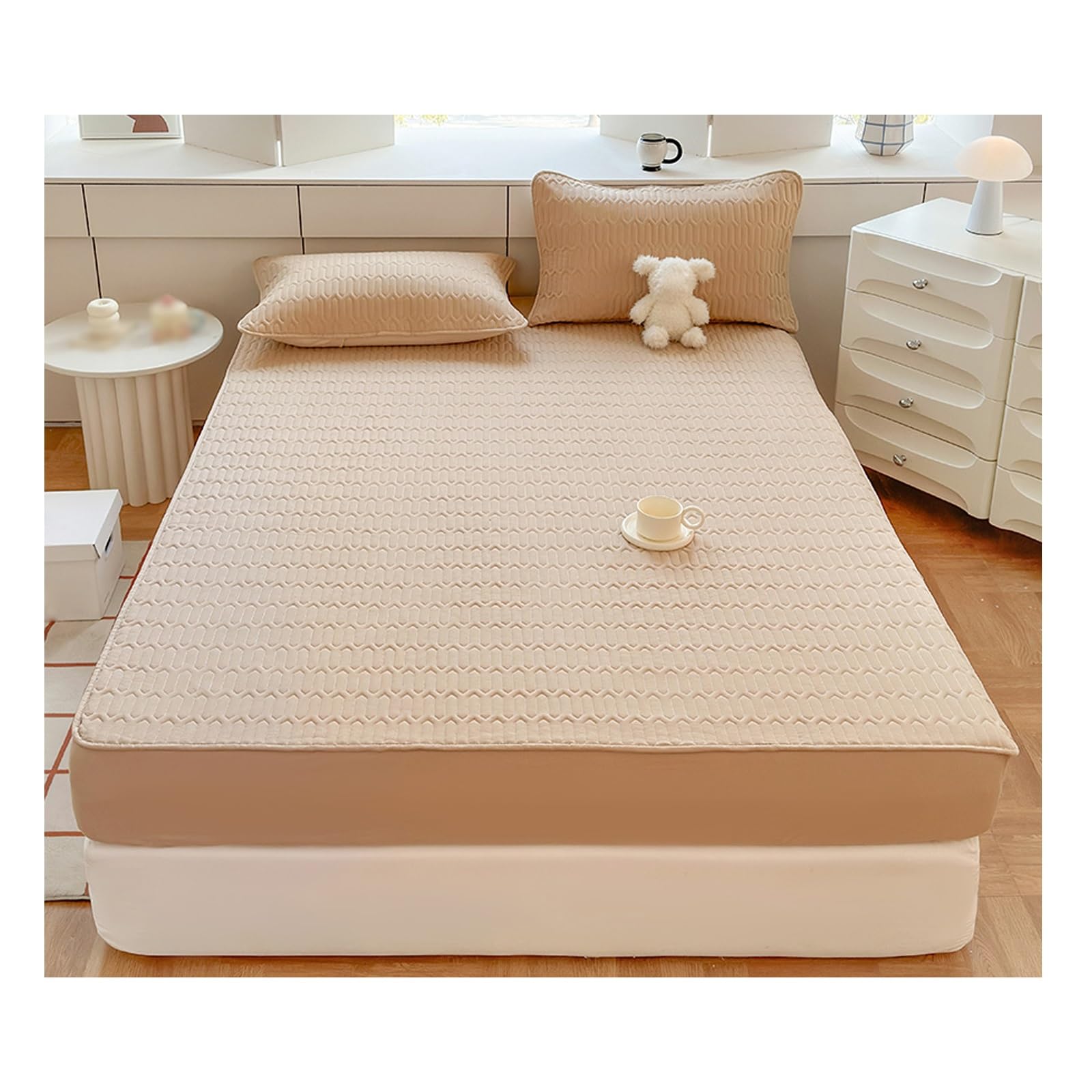 Drap housse 150x190 marron et taies d'oreiller pour matelas épais