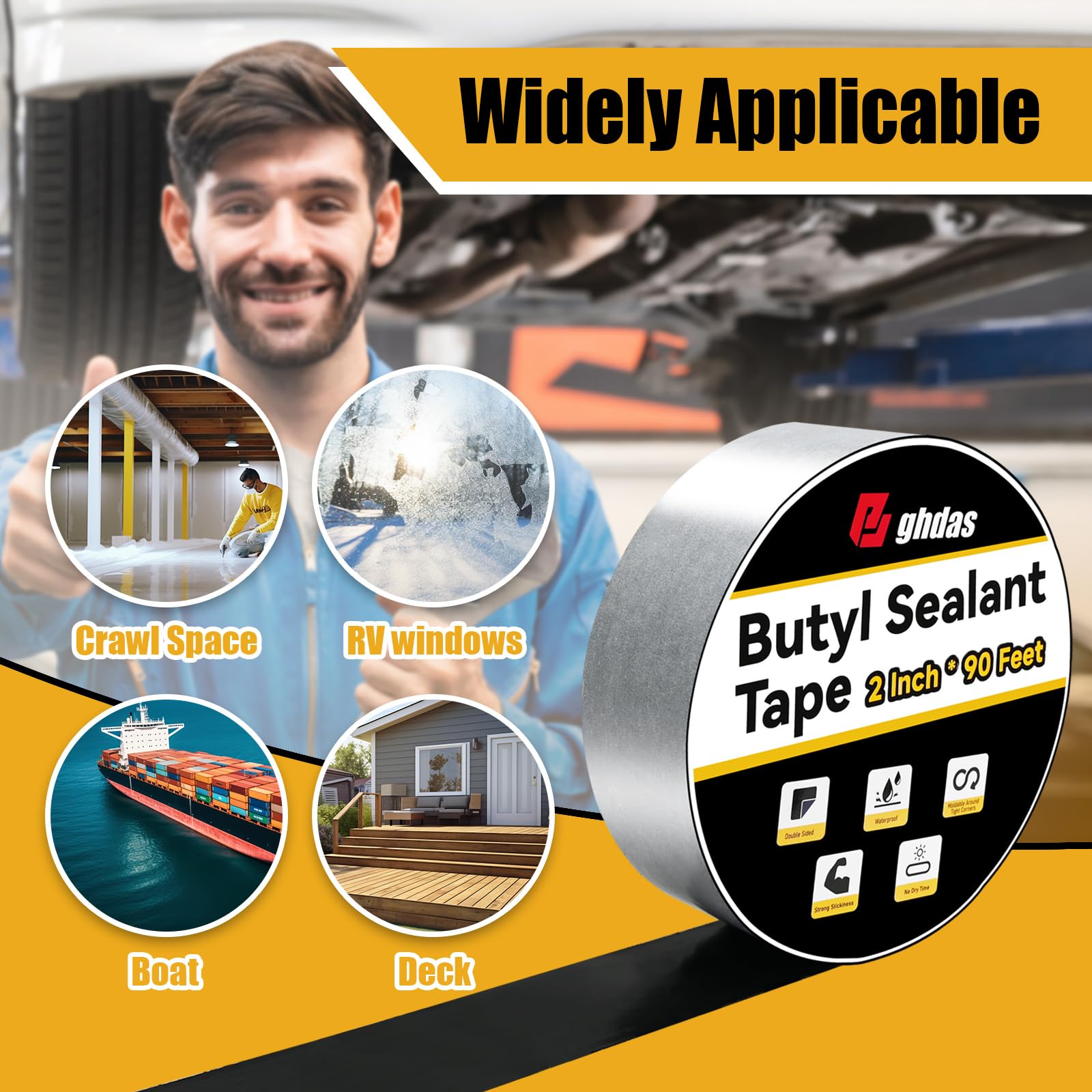 Bghdas - Paquete de 3 cintas selladoras de butilo de 2 pulgadas x 90 pies, doble cara, cinta de butilo de barrera de vapor negra para pared de espacio de arrastre, ventanas de caravana, barco de