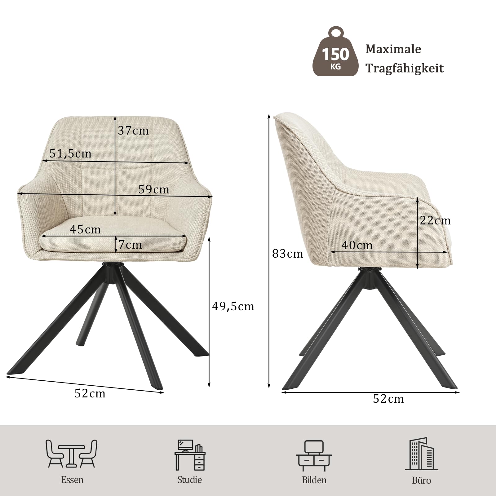 Lot de 6 Chaises Pivotantes 360° en Lin Beige avec Accoudoirs, Chaises de Salle à Manger, Cuisine, Fauteuils avec Pieds en Métal, pour Bureau ou Salon