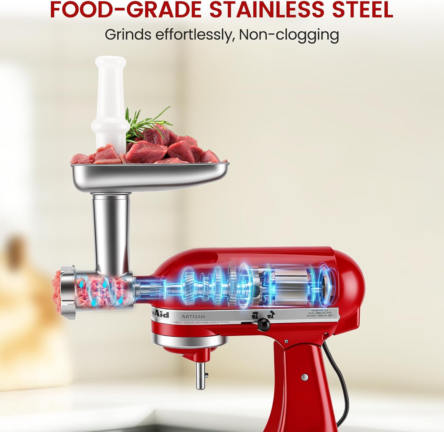 Stainless Steel Meat Grinder Attachment for KitchenAid Stand Mixer, Food Grade, Heavy Duty, No Clog, Dishwasher Safe, Sausage Stuffer & Burger Maker