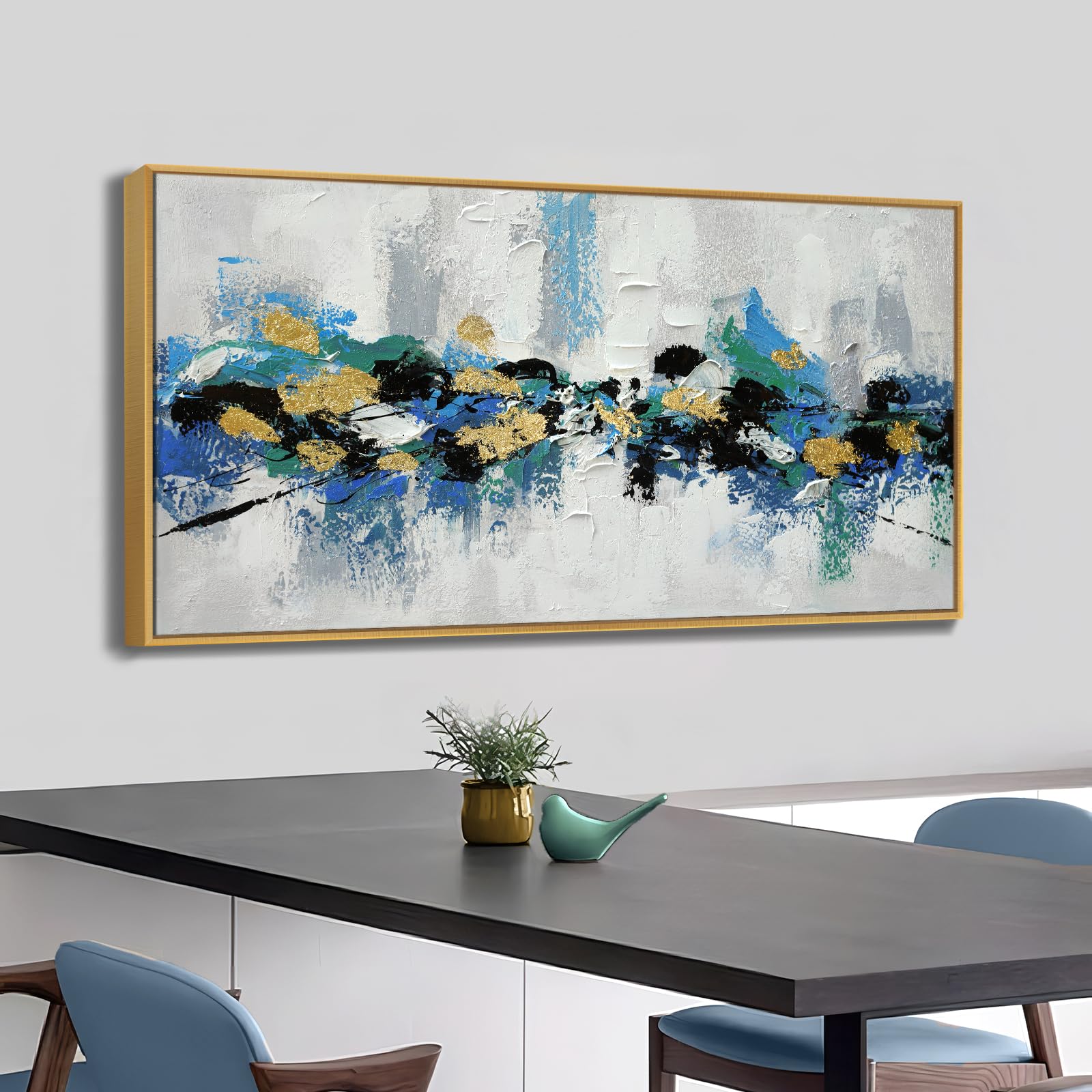 Large 100% Hand Painted Oil Painting 3D Texture Framed Canvas Wall Art White Black Blue Green Home Decor Abstract Gold Leaf Wall Painting for Living Room Bedroom Office 60x30in