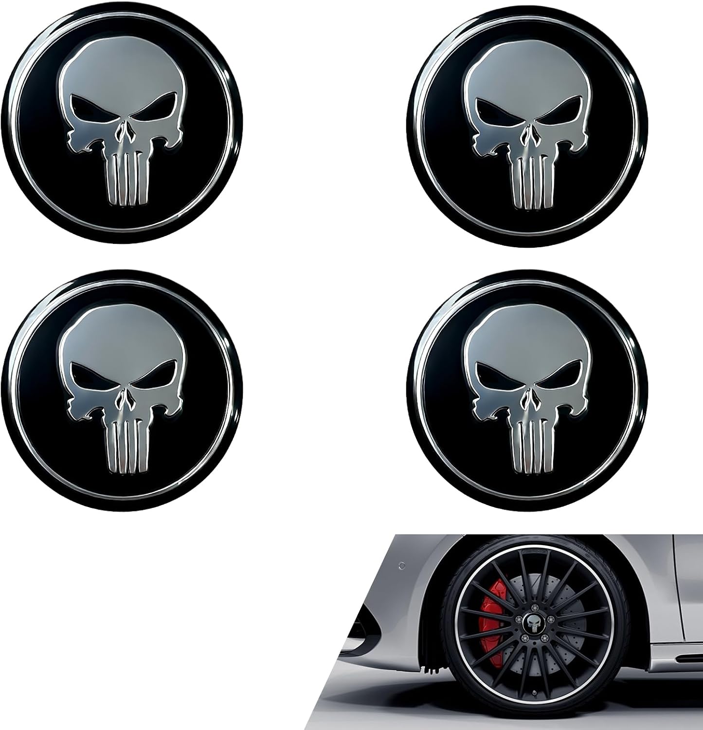 4PCS Car Wheel Center Hub Cap Cover, Personalized Skull Print Wheel Hub Cap Decal, Metal Waterproof Scratch-Resistant Center Caps Protector for Rims, Universal for Most Vehicles (Red)