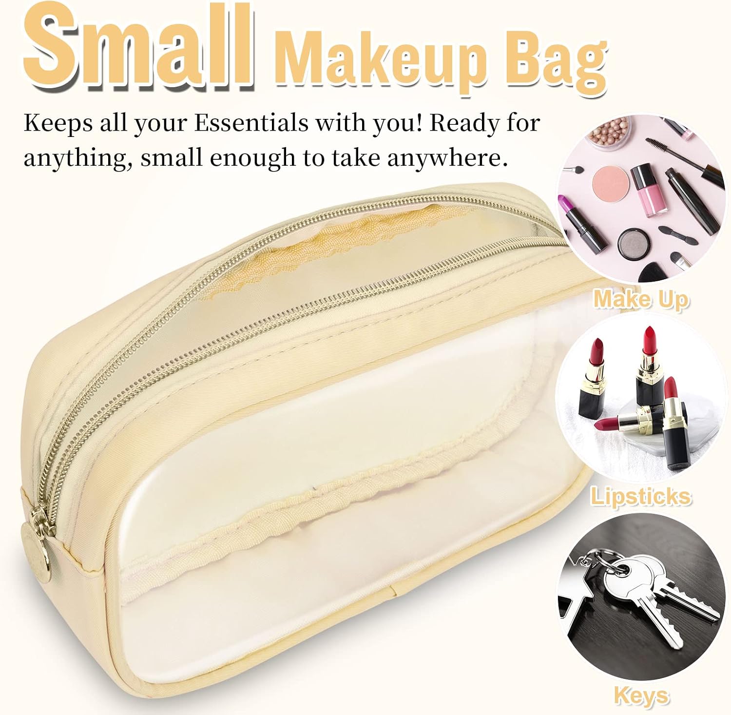 Nylon Small Clear Makeup Bag for Purse, Cute Makeup Bag Preppy Cosmetic Zipper Pouch Purse, Waterproof Travel Toiletry Bag Coin Pouch Clutch Makeup Brush Bag Organizer Storage for Women Ladies(Beige) image 4