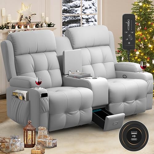 Reclining Loveseat, Massage Loveseat Recliner Sofa Heavy Weight Capacity, RV Love Seat Chair Clearance with Console, USB, Type C Port, Storage, Cup Holders, Wall Hugger Couch (Light Gray, Loveseat)