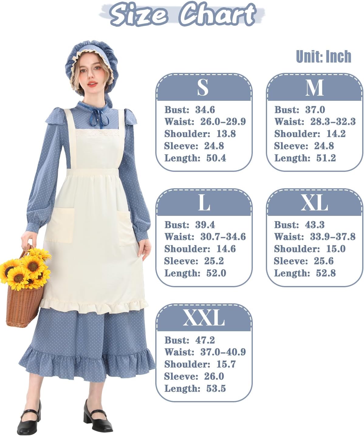 Nuoqi Pioneer Dress Women with Bonnet 1800s Colonial Costume Adult Long Colonial Outfit