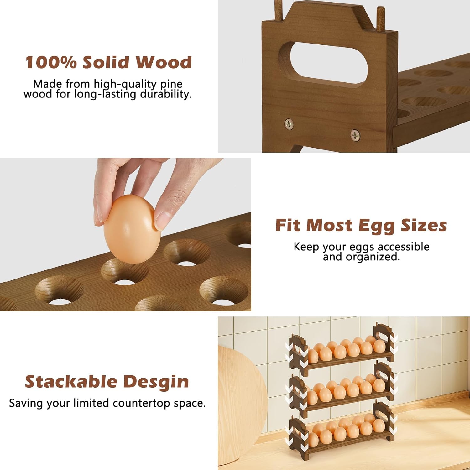 Wooden Egg Holder Countertop Fresh Chicken Egg Holders Storage for Gathering Fresh Eggs, 3-Tier Stackable with 36 Eggs, Farmhouse Home Eggs Rack Organizer Decoration - Image 3