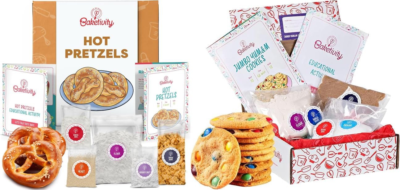 Baketivity Jumbo Yum&m Cookies & Pretzel Baking Kit Bundle – DIY Kids Baking Set with Pre-Measured Kosher Ingredients, Illustrated Recipes & Video Guides – Fun Cooking Activity for Ages 6-12+