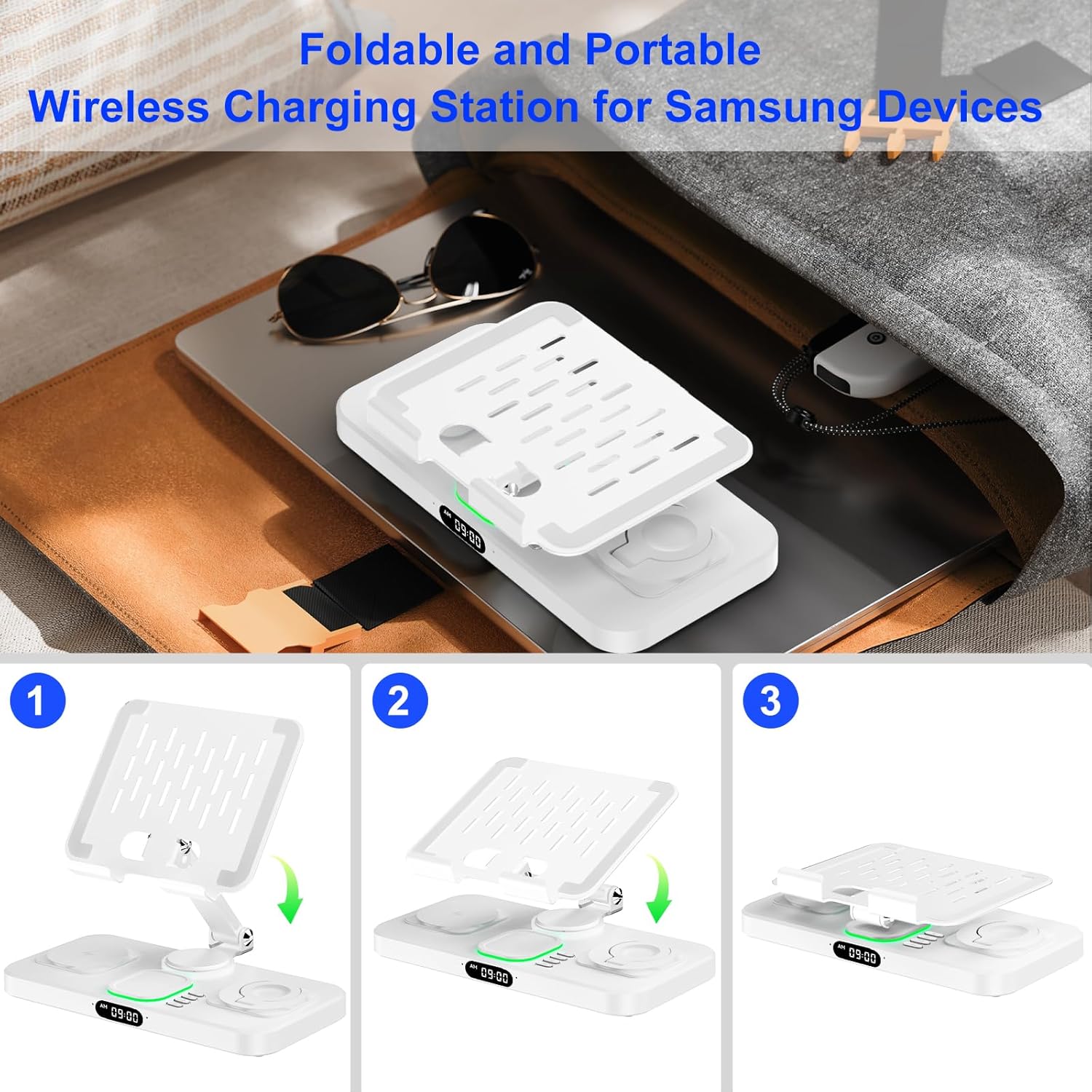 30W Tablet Wireless Charger for Samsung, Foldable Android Charging Station with Clock Display with 7-Color Light, Wireless Watch Charger for S25, Only Compatible Samsung Watch, Galaxy Buds3 Pro(White