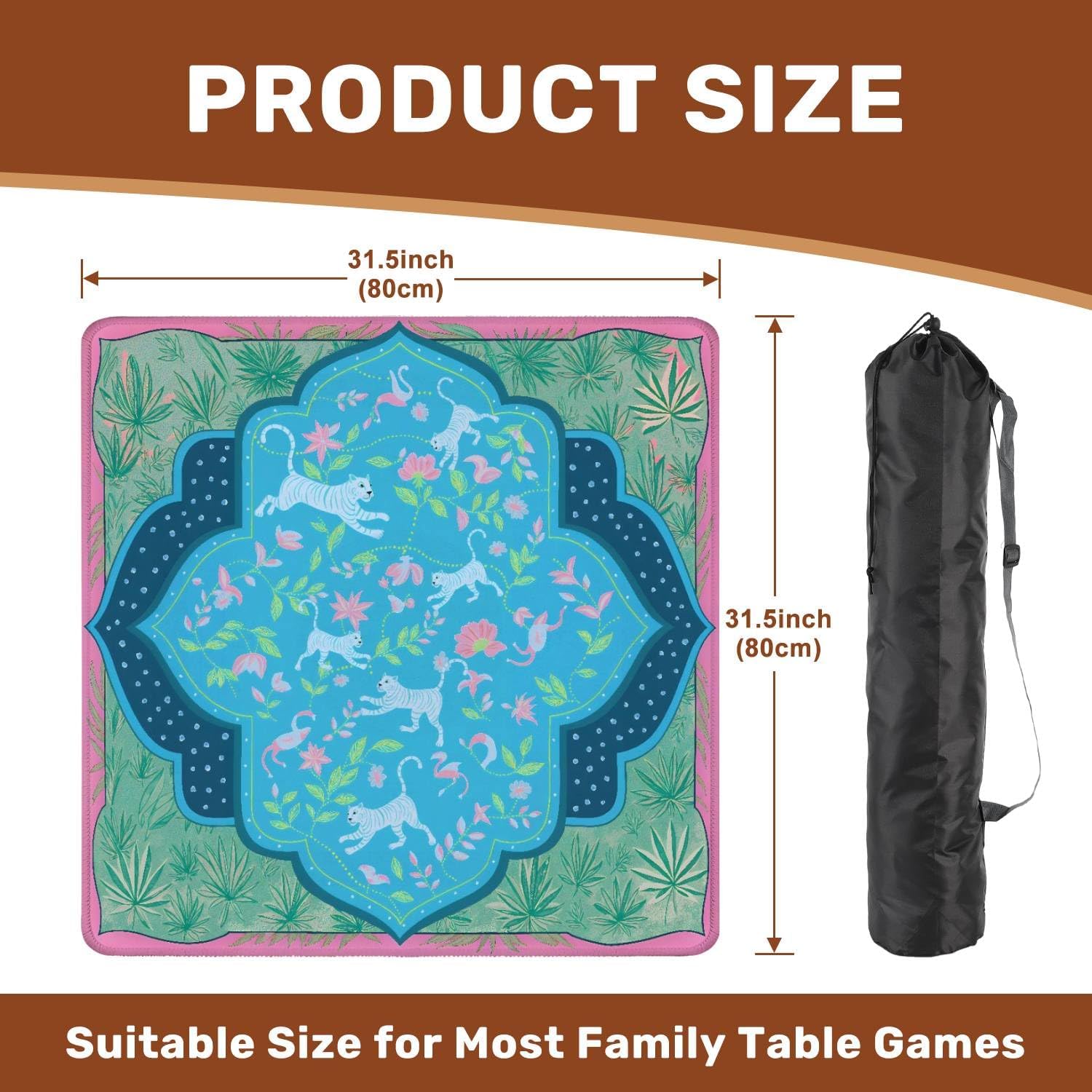 Mahjong Mat with Carrying Bag 31.5" x 31.5" Non-Slip Noise Reduction Turquoise Pink Jungle White Tigers Foliage Ornate Moroccan Tile Design Table Mat for Mahjong Poker Dominoes Card Board Tile Games