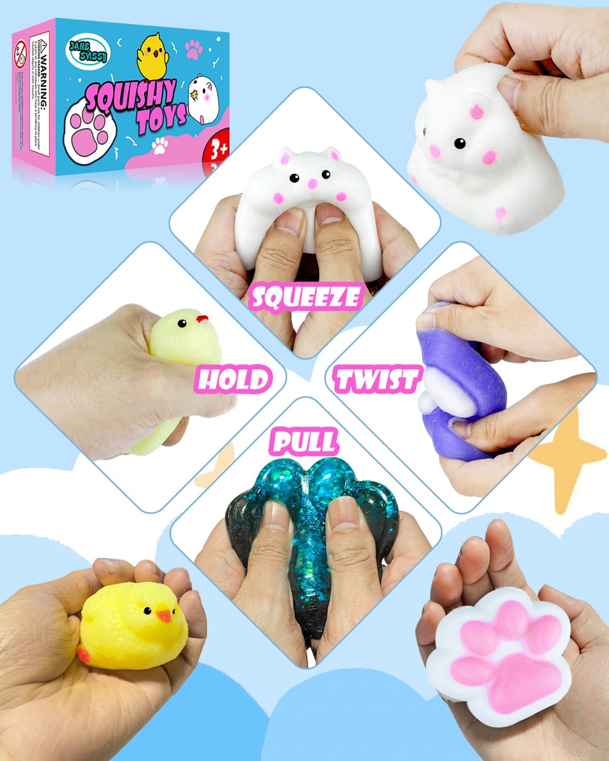 Taba Squishy Toys Pack,Fufu Toys Set,Squishies Set Include 4 Taba Cat Paws,2 Chick,2 Squishy Hamster,Stress Relief Toy, Mochi Squeeze Toys, Fidget Cute Stuff for Girls, Boys, Kids and Adults