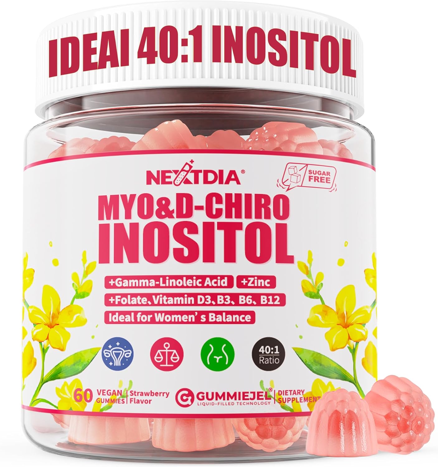 Inositol Gummies with Evening Primrose Oil for Women - 40:1 Ratio Myo-Inositol 2000mg & D-Chiro Inositol 50mg with Vit D3 B6 B12 & Zinc, Sugar-Free for Female Natural Balance & Wellness, Vegan (60ct)