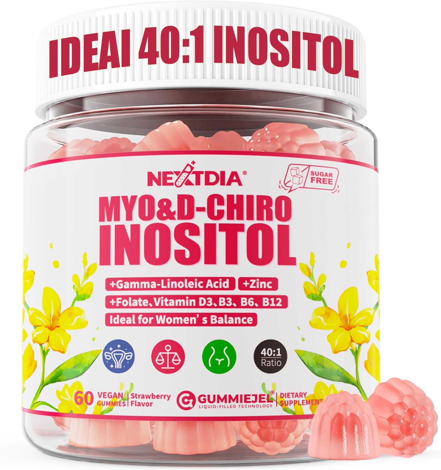 Inositol Gummies with Evening Primrose Oil for Women - 40:1 Ratio Myo-Inositol 2000mg & D-Chiro Inositol 50mg with Vit D3 B6 B12 & Zinc, Sugar-Free for Female Natural Balance & Wellness, Vegan (60ct)