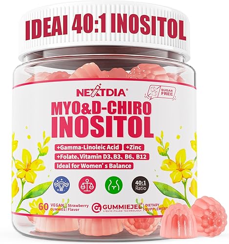 Gomitas de inositol con aceite de onagra para mujeres, proporción 40:1, mio-inositol de 2000 mg y D-Chiro inositol 50 mg con vitamina D3 B6 B12 y