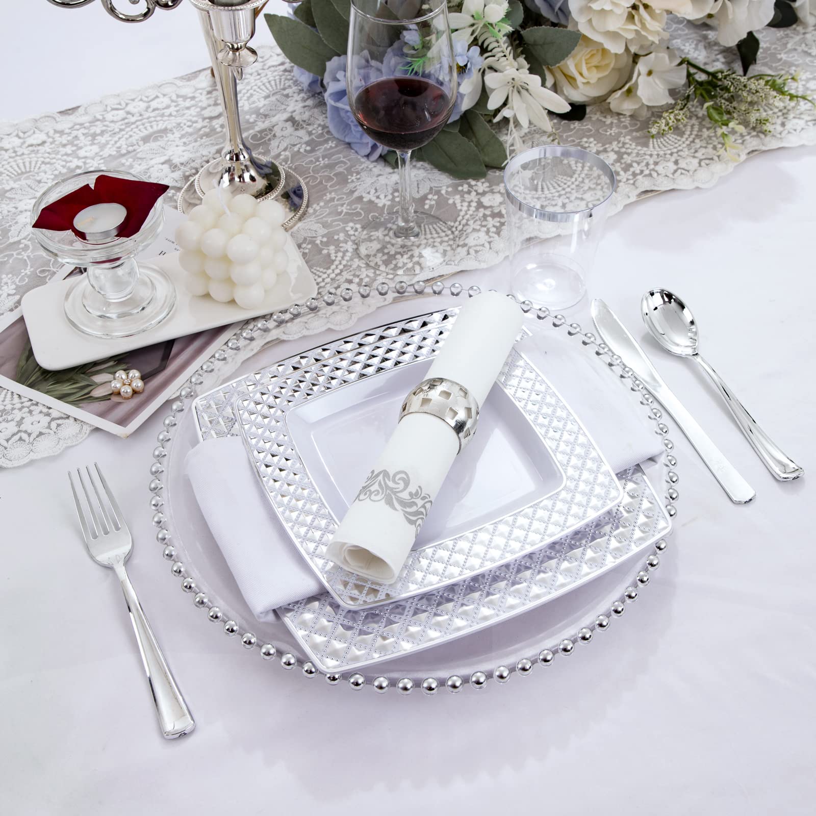 I00000 175PCS Silver Plastic Square Plates with Disposable Silverware