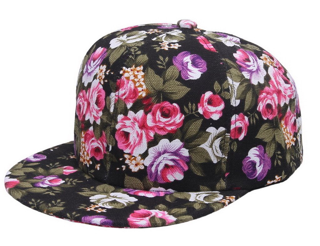 COMVIP Adult Hip Hop Colorful Flower Snapback Visor Baseball Cap Flat Black