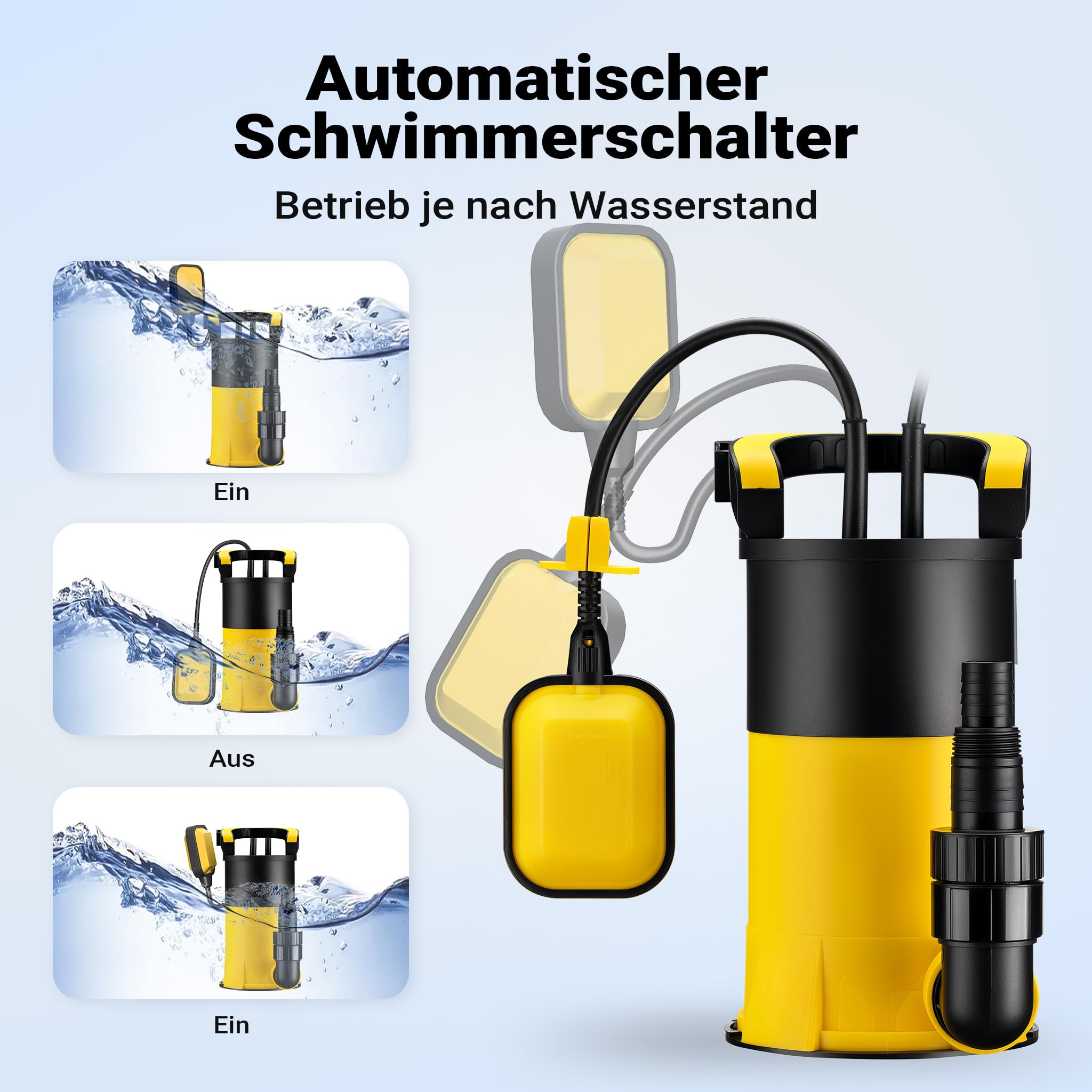 Wiltec Tauchpumpe mit Schwimmer 400 W, flachabsaugende Pumpe bis 1 mm, Tiefbrunnenpumpe 5 m Förderhöhe und 7 m Tiefe, Flachsaugerpumpe für Klarwasser