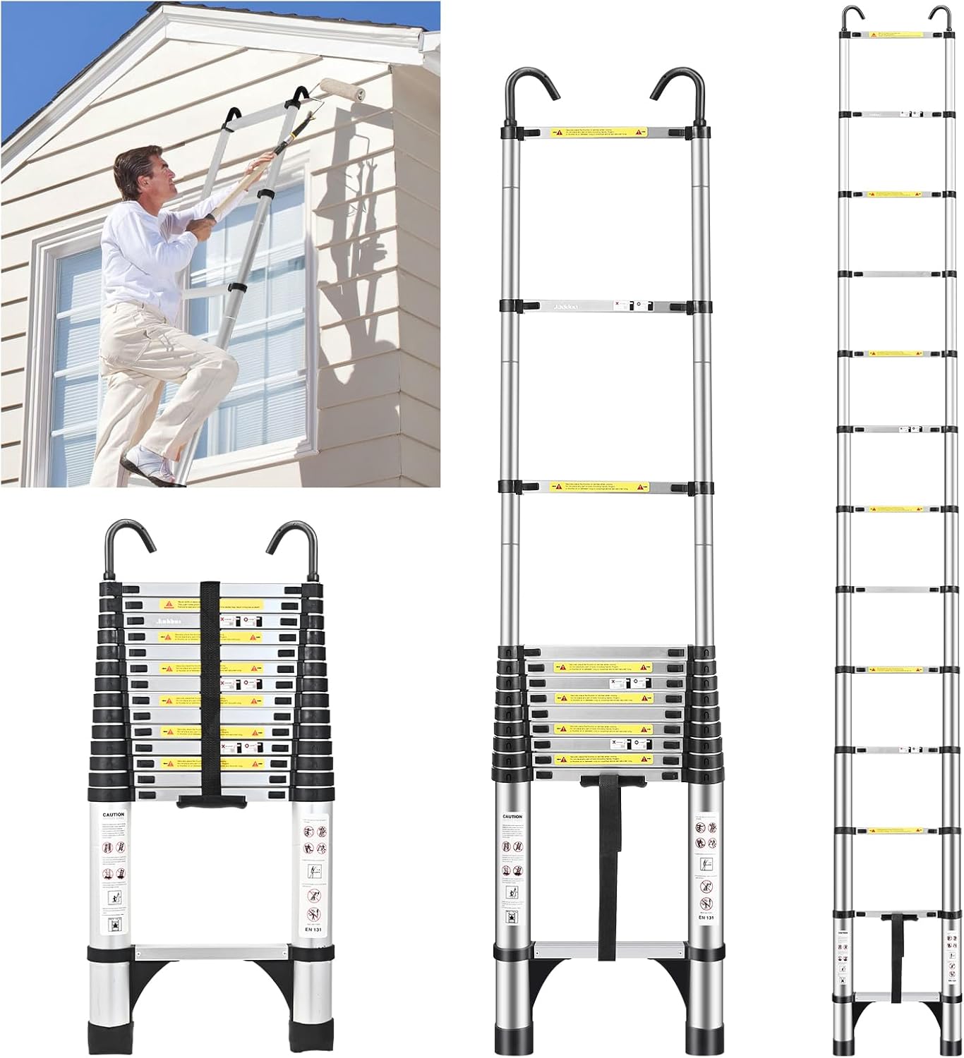 JADDUO 14.5 FT Telescopic Ladder, Aluminium Silver Telescoping Ladder with Non-Slip Feet and Stable Hook, Portable Extension Ladder for Household and Outdoor Working, Heavy Duty 330 lbs Max Capacity Aluinum 14.5FT with Hook,Silver