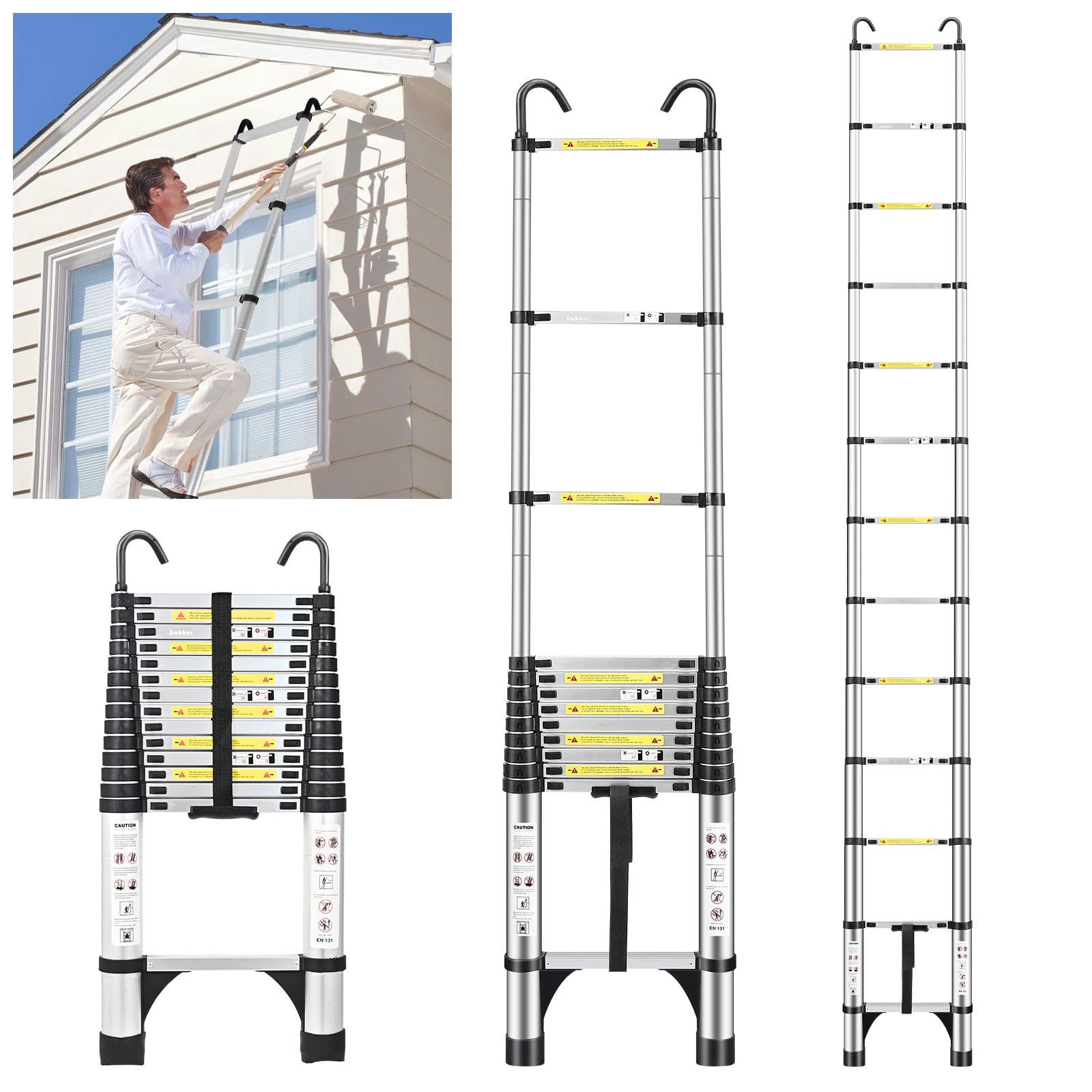 JADDUO 4.4m Telescopic Ladder, Aluminium Extension Ladder with Safety Hook & Foldable Rungs, 150kg Load Capacity, 30cm Step Spacing, EN131 Certified for Home & Professional Use