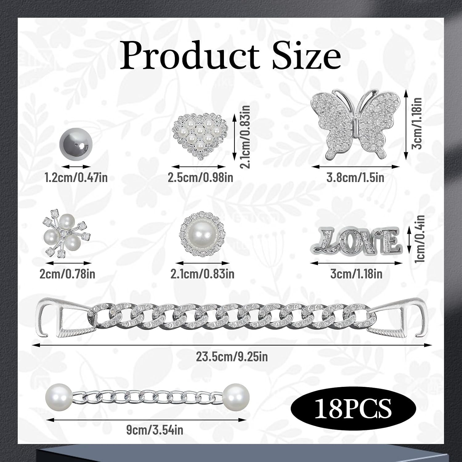 18Pcs Silver Rhinestone Butterfly Shoe Charms Plastic Pearl Love Letter Shoe Decoration Charms Clog Sandals Shoe Chains for Women DIY Jewelry Shoes Accessories for Birthday Party Favor
