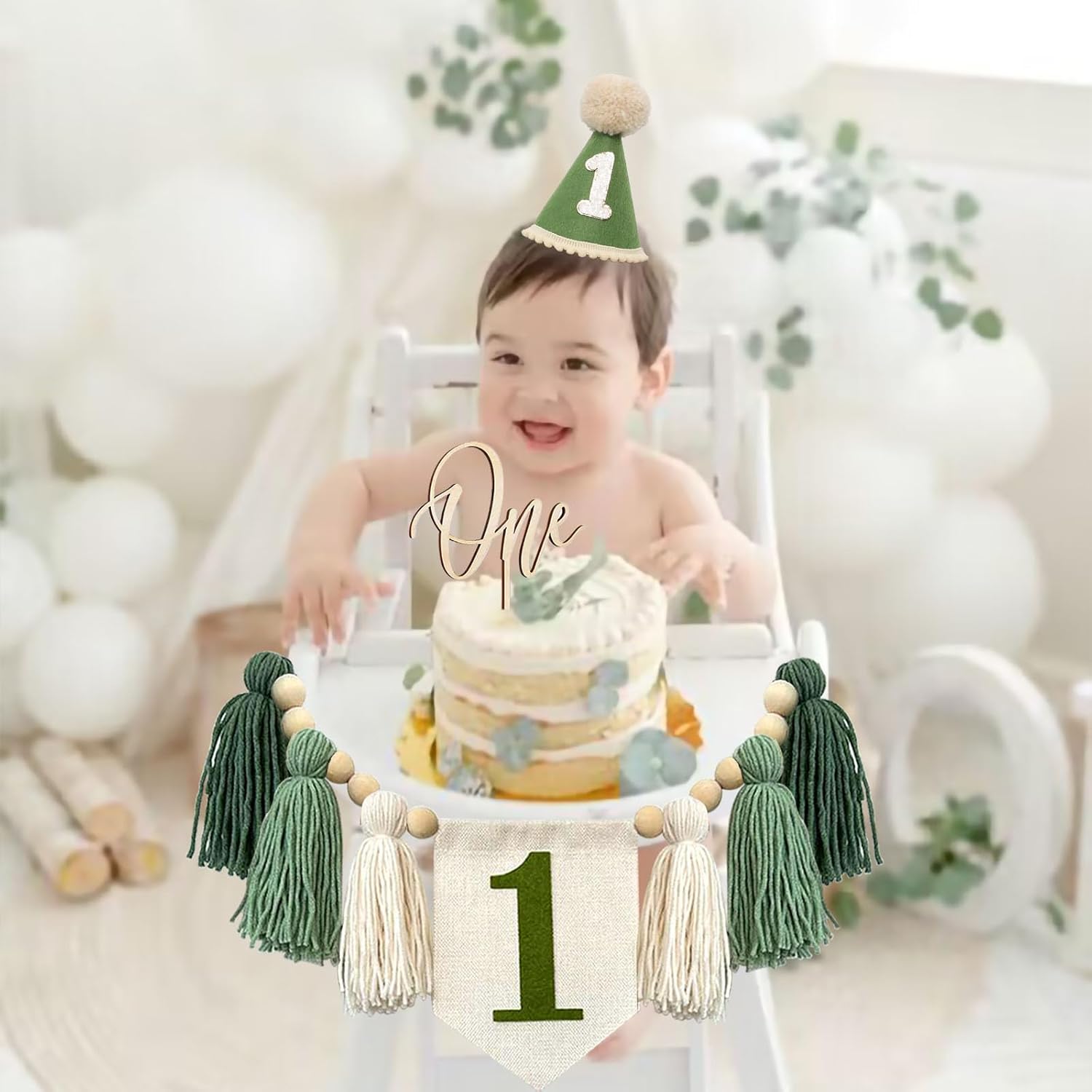 Handmade Boho Green 1st Birthday High Chair Banner Decorations for Baby Boys First Birthday Hat With One Cake Topper Happy Birthday Photoshoot Props Photo Props - Image 2