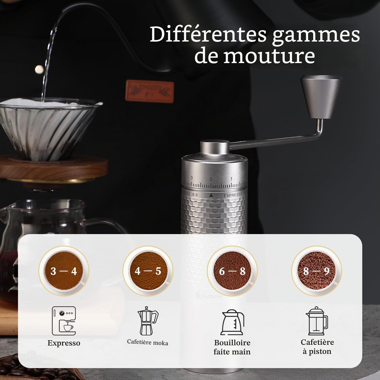 HC03 Moulin à café manuel 7 étoiles en acier inoxydable 440 plaqué titane, réglages de broyage externes simples et réglables pour expresso vers presse française, moulin à café entièrement en