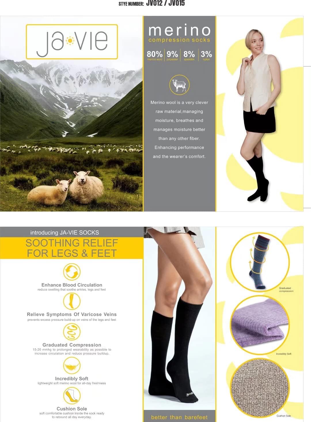 ja vie 80% Merino Wool Ultra Soft 15-20mmHg Graduated Compression Socks for Women & Men