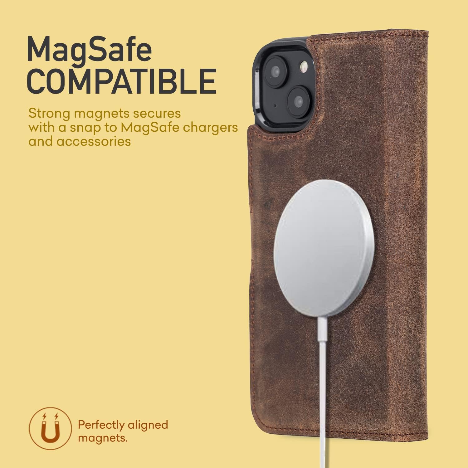 Bayelon Case for iPhone 14 Max, Full Grain Leather Wallet Case, [2in1], Detachable Magnetic Flip Cover with Card Slots, Kickstand, MagSafe Compatible (Dark Brown)