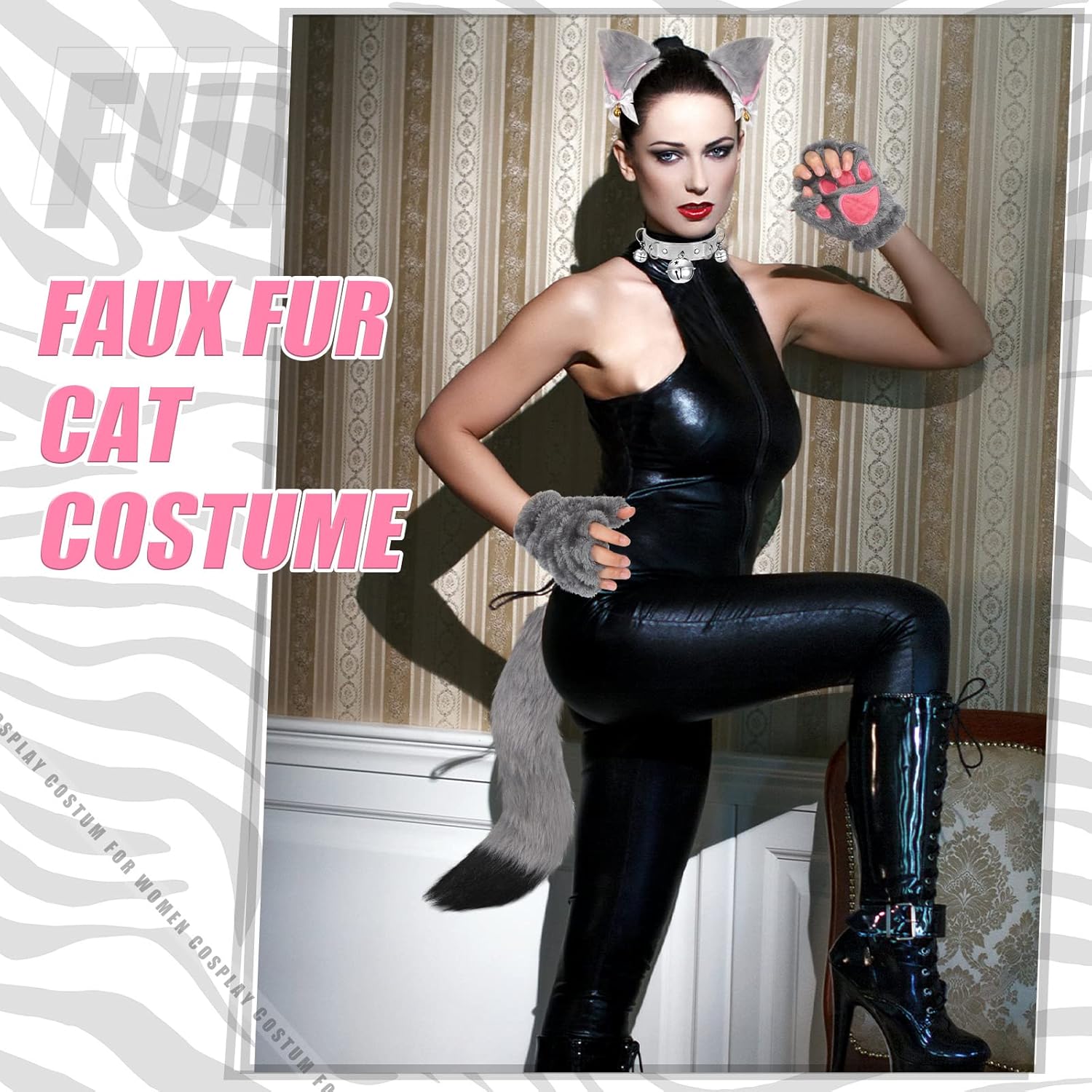 Vicenpal 5 Pcs Cat Cosplay Costume Set Wolf Fox Tail Ear Hair Clip Neck Chocker Fingerless Paw Glove for Halloween Party - Image 4