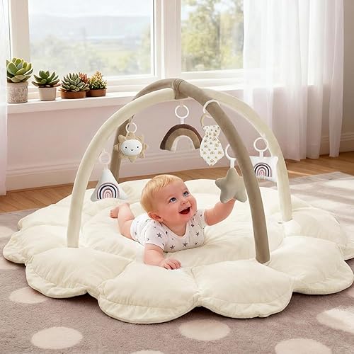 5-in-1 Thick & Plush Baby Play Gym, Baby Play Mats for Floor, Tummy Time Mat with 6 Toys, Convertible Stage-Based Developmental from Babies to Toddlers, Ball Pit, Brown