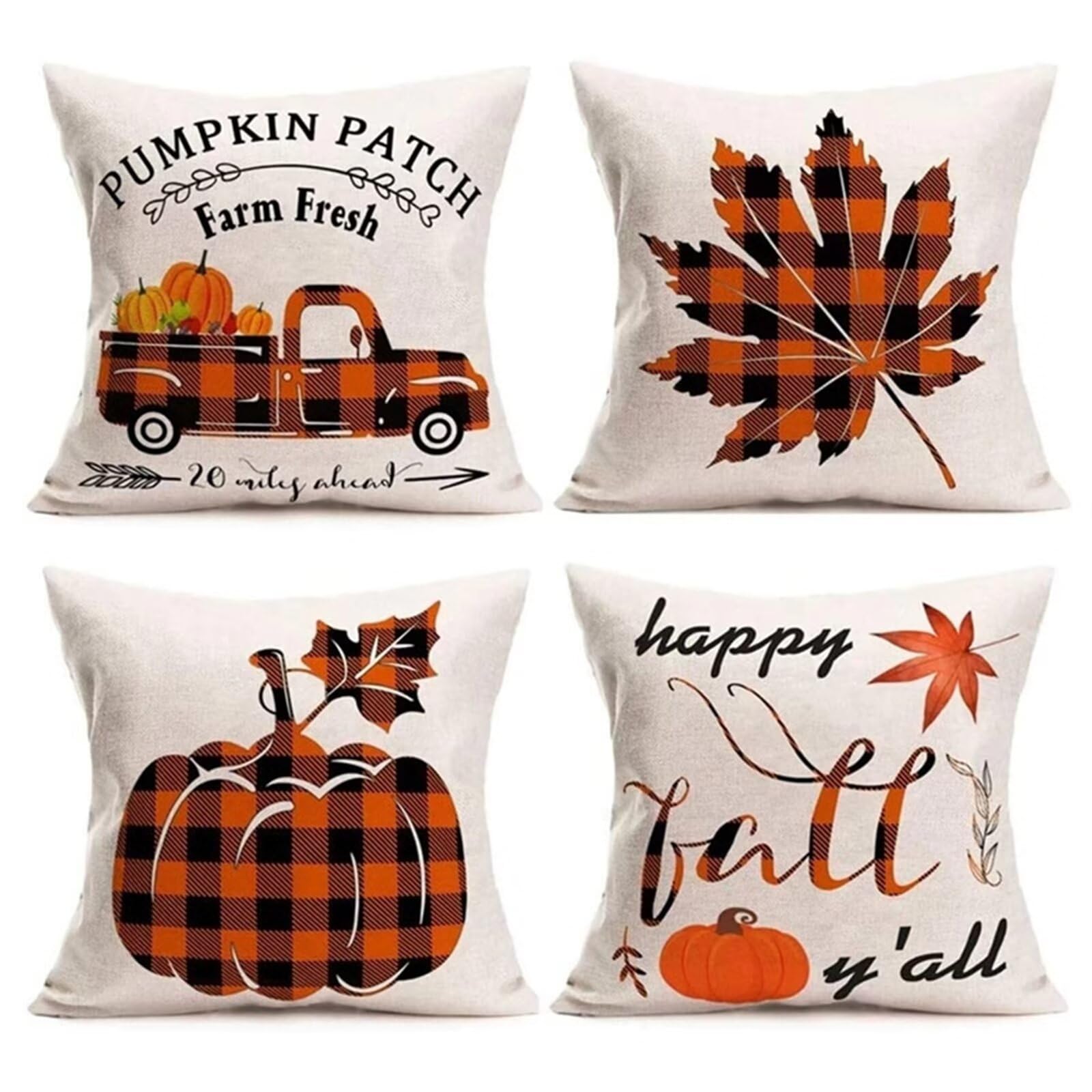 Juego de 4 Impermeable Funda de Cojín Calabaza de arce a cuadros,65x65cm Moderno Suave Transpirables Lino Fundas de Almohada Cojines Decor con Cremallera Oculta para Exterior Sofá Cama Coche Hogar