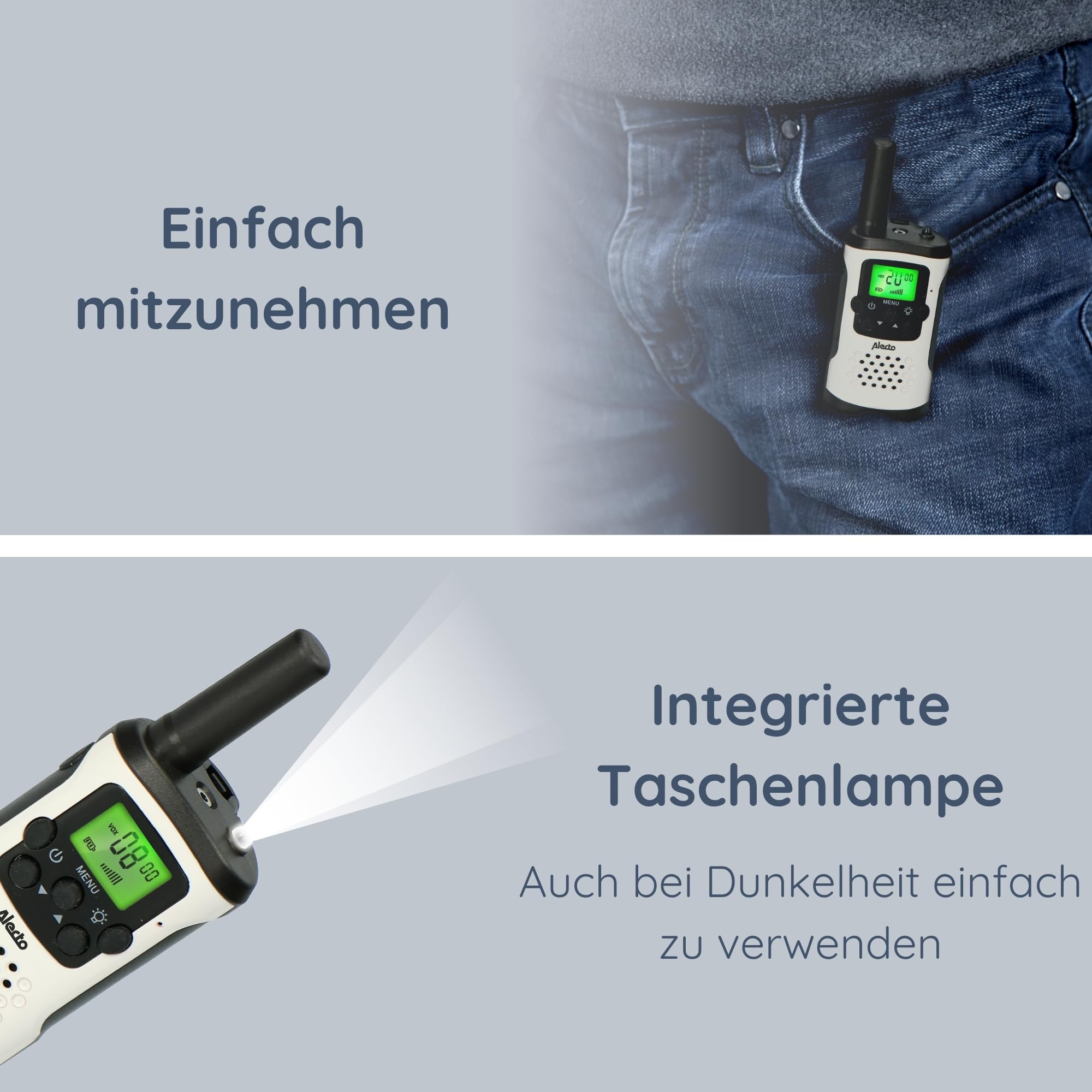 Alecto FR-175 Walkie Talkie für Erwachsene und Kinder - 7km Reichweite - 8 Kanäle - 38 CTTCSS-Codes - VOX - integrierte Taschenlampe - 2,5mm Anschluss - weiß