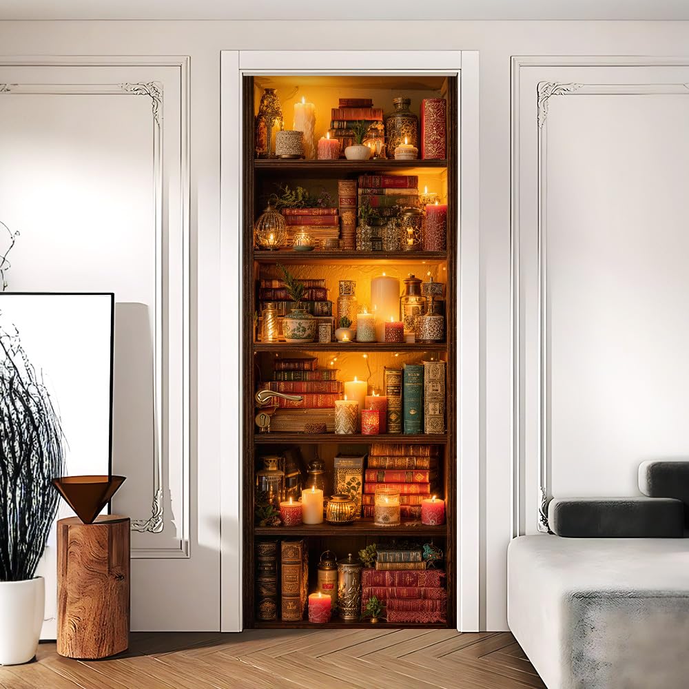 Candlelit Bookshelf Door Sticker, Library Door Cover, 30.3x78.7in