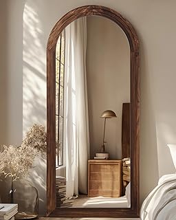 Full Length Mirror, 71"×32" Wooden Mirror Full Length with Stand Wood Floor Mirror, Oversized Stand Up Mirrors Large Wall Mirrors, Wall Mounted Mirrors, Arched Vintage Style, Walnut