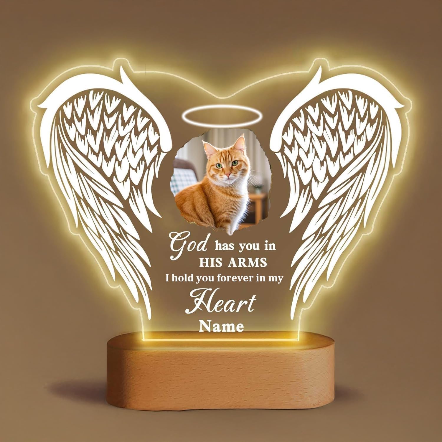 Personalised Cat Memorial LED Night Light, Angel Wings Design with Photo Frame, Wooden Base, Pet Loss Sympathy Gift