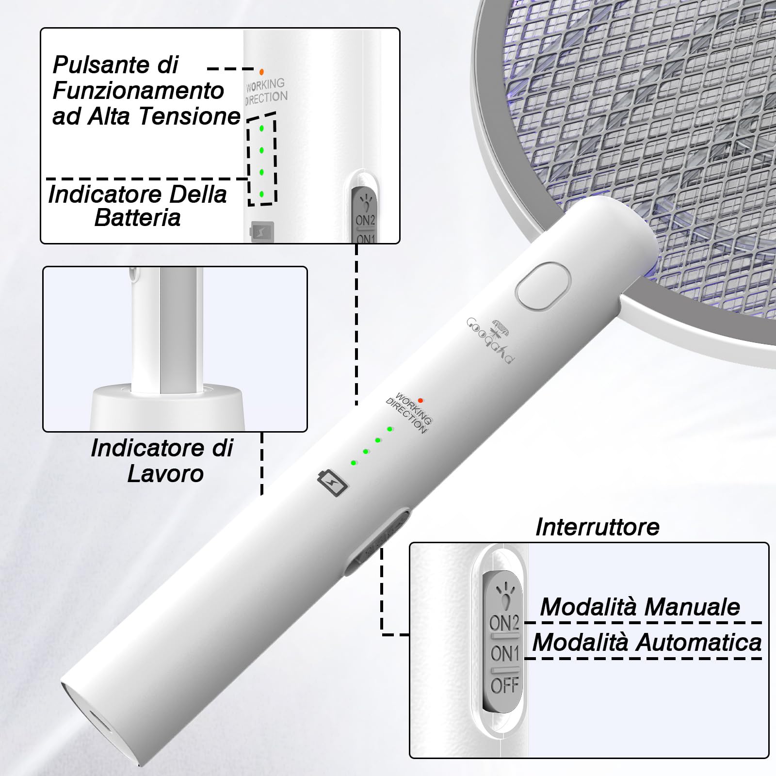 2 Pezzi LED Racchetta Zanzare Elettrica, 4000 Ricaricabile 2-In-1 Racchetta Zanzare Elettrico con USB, Protezione Maglia a 3 Strati, Adatto per Campeggio Interni ed Esterni Bianco