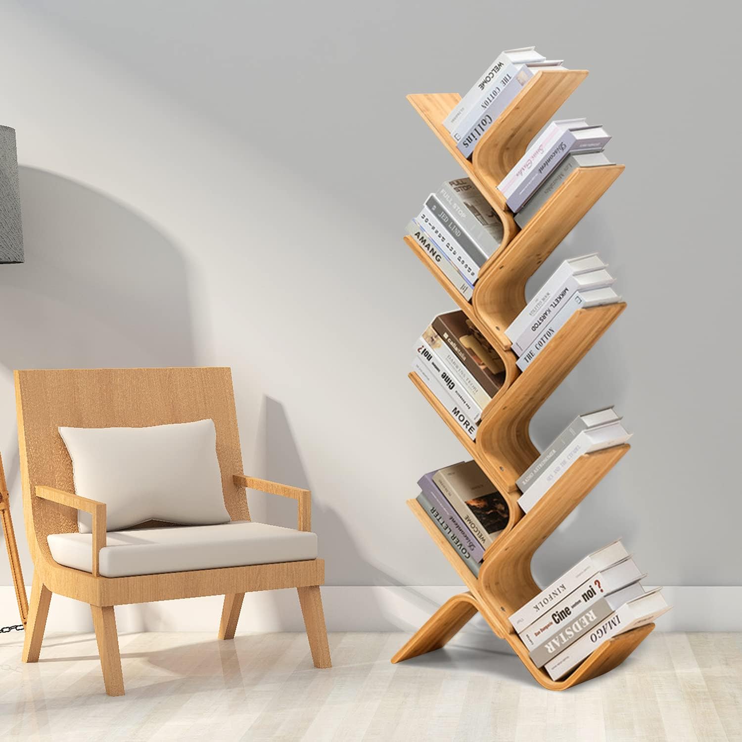 NA 8-Tier Bamboo Tree Modern Bookshelf, Creative Curved Standing Bookcase Rack Book Storage Organizer Shelves, Display Floor Book Shelf Space Saver for Home Office Living Room Bedroom